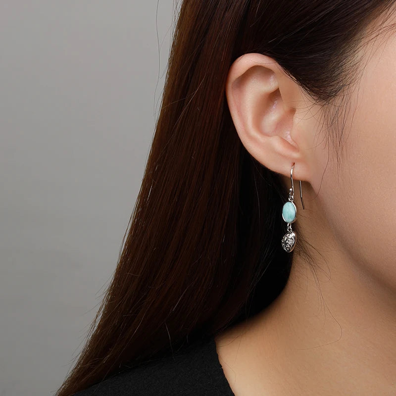 Larimar Oval Engraved Drop Earrings in 925 Sterling Silver