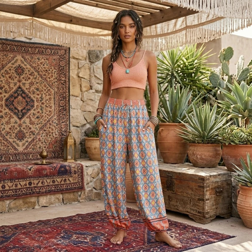 Boho Floral Print Wide-Leg Bloomer Pants