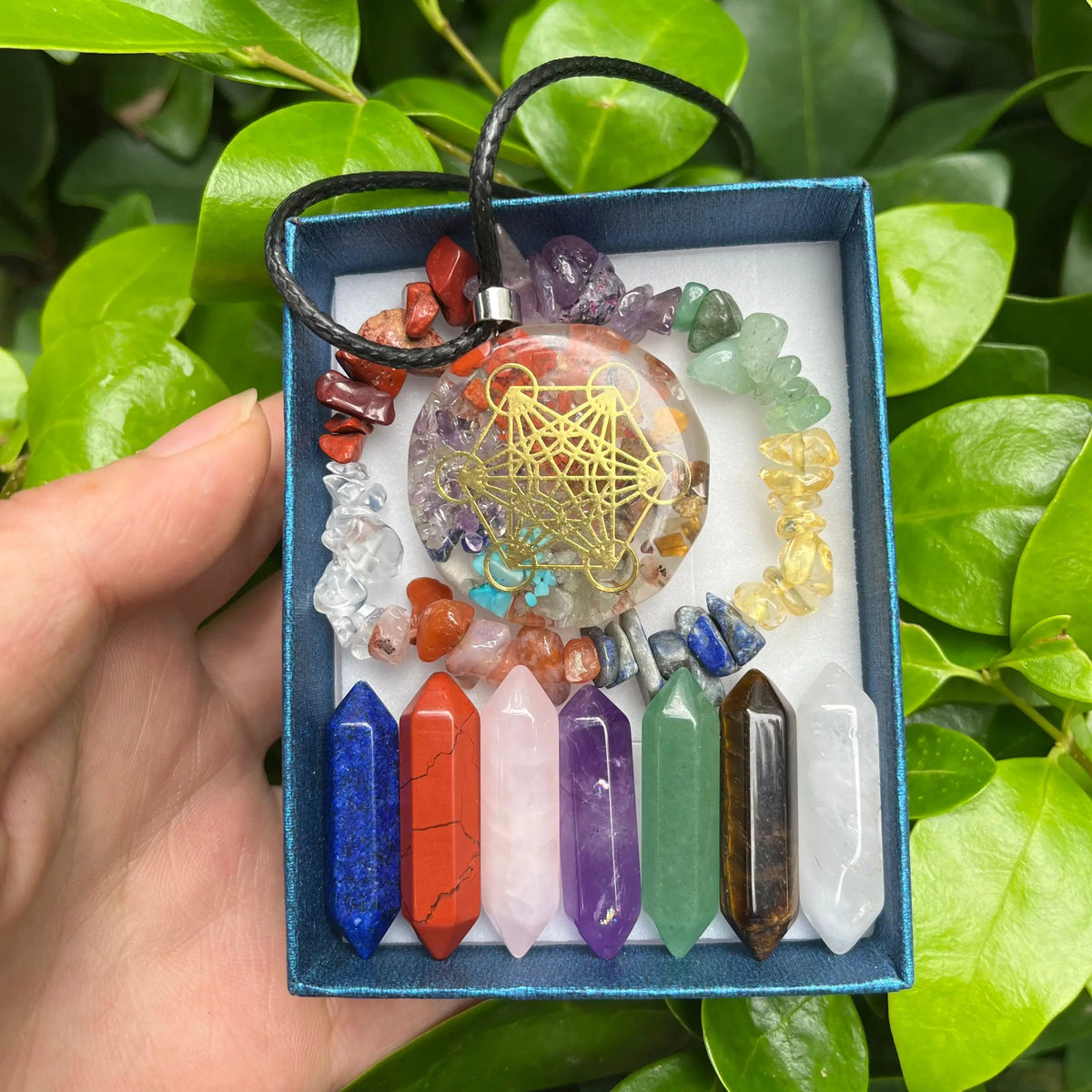 9-Piece Pointed Crystal Chakra Healing Set | Hexagonal Gemstone Wands in Gift Box