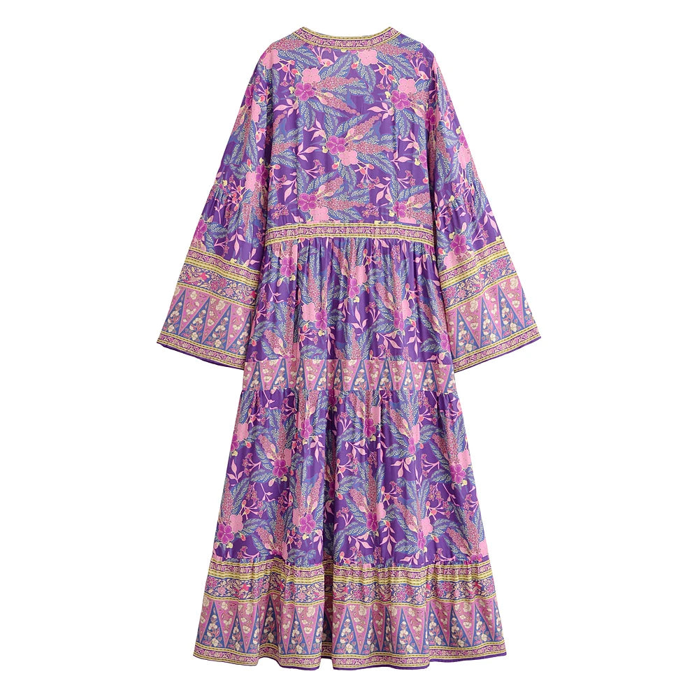 Purple Bohemian Floral V-Neck Maxi Dress