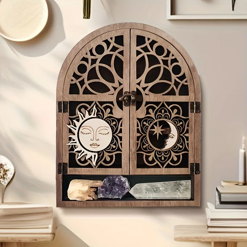 Sun & Moon Crystal Display Shelf – Wooden Wall Hanging Organizer