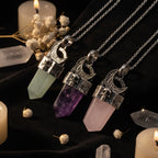 Skull & Crescent Moon Crystal Point Pendant Necklace | Natural Gemstone | Reiki Healing Jewelry