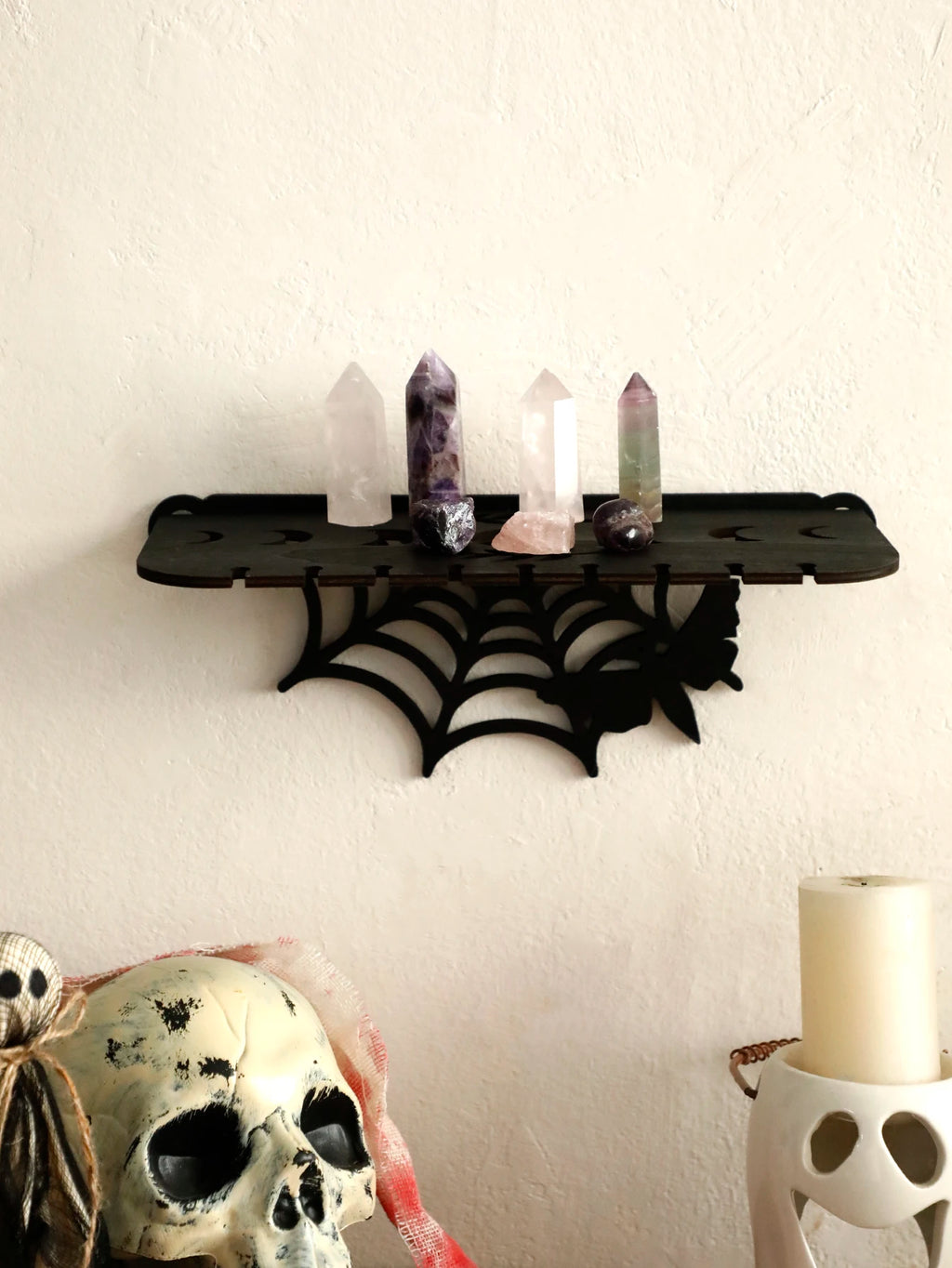 Gothic Bat Wall Shelf – Wooden Moon & Crystal Floating Display