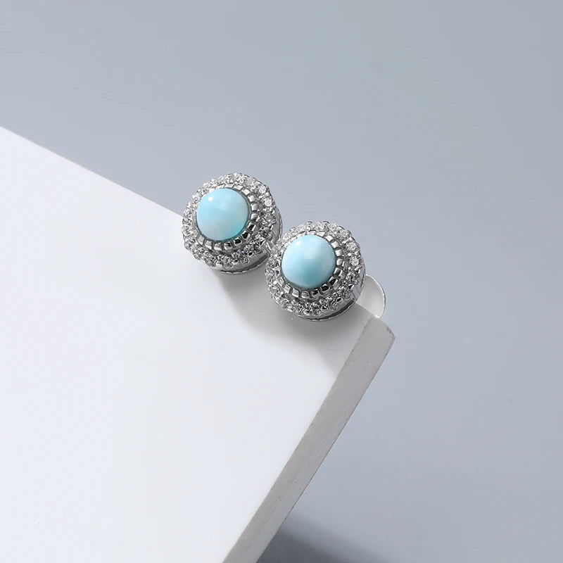 Larimar Round Halo 925 Sterling Silver Stud Earrings