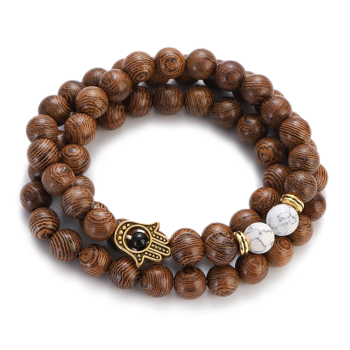 Wood Bead Buddha Om Lotus Charm Bracelet | Tibetan Mala Yoga Bracelet