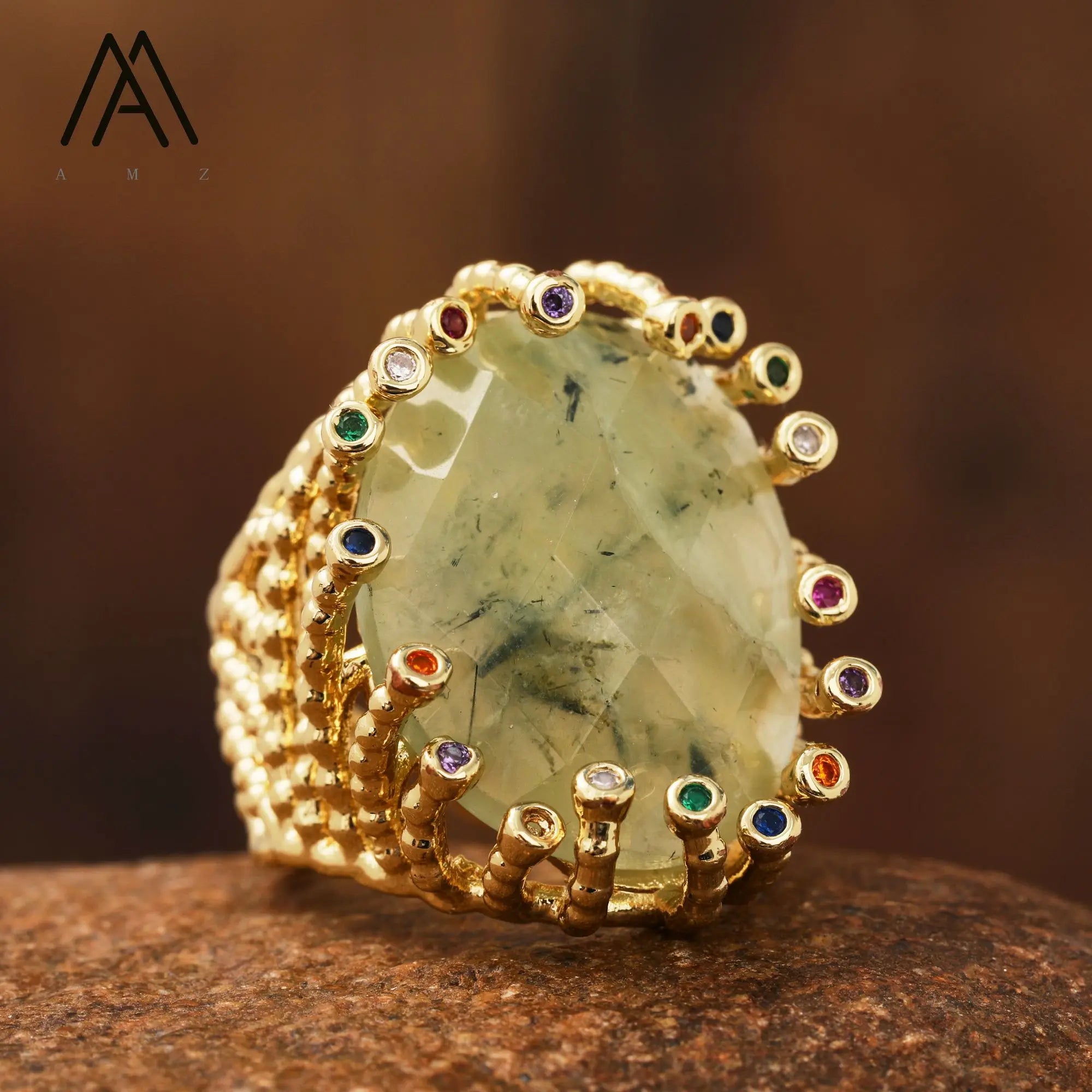 18K Gold-Plated Natural Gemstone Statement Ring – Healing Crystal Jewelry