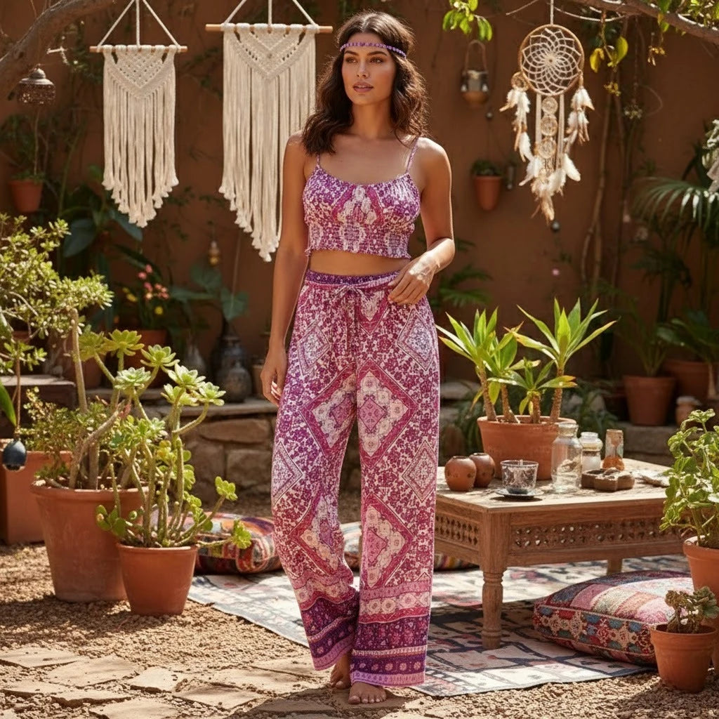 Boho Floral Smocked Cami & Wide-Leg Pants Set