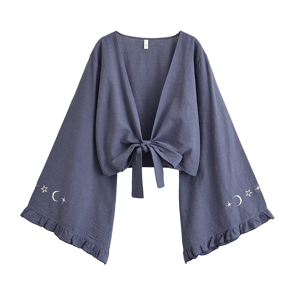Embroidered Tie-Front Crop Kimono