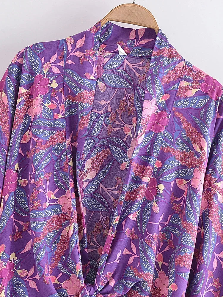 Purple Floral Kimono Boho Set – Wide Leg Pants & Kimono Top