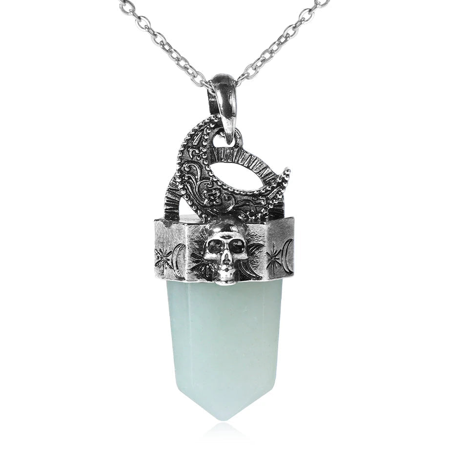 Skull & Crescent Moon Crystal Point Pendant Necklace | Natural Gemstone | Reiki Healing Jewelry