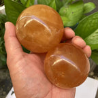 Natural Citrine Calcite Quartz Crystal Sphere — Healing Gemstone Ball with Wood Bracket