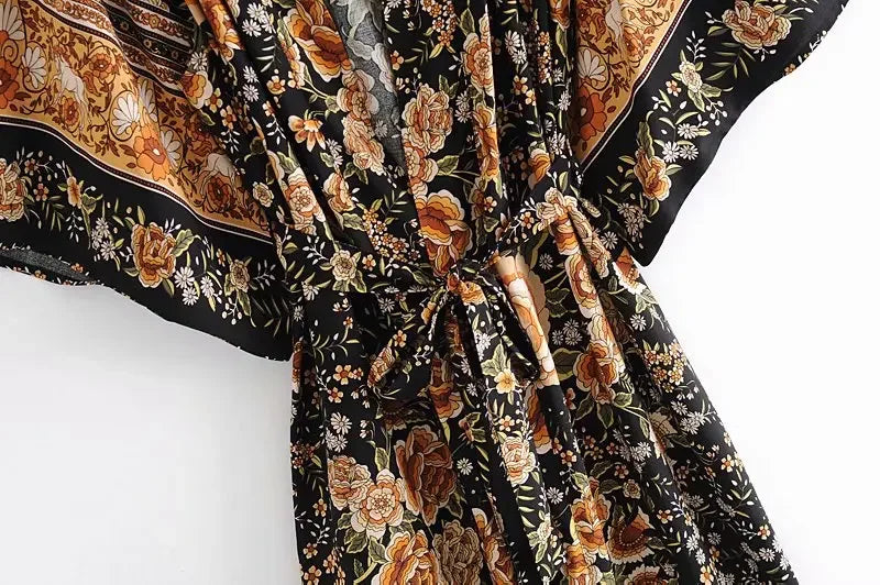 Boho Dark Floral Maxi Kimono Robe with Sash