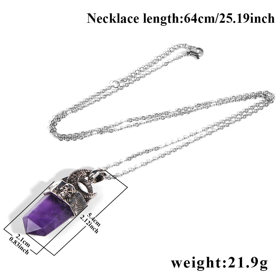 Skull & Crescent Moon Crystal Point Pendant Necklace | Natural Gemstone | Reiki Healing Jewelry