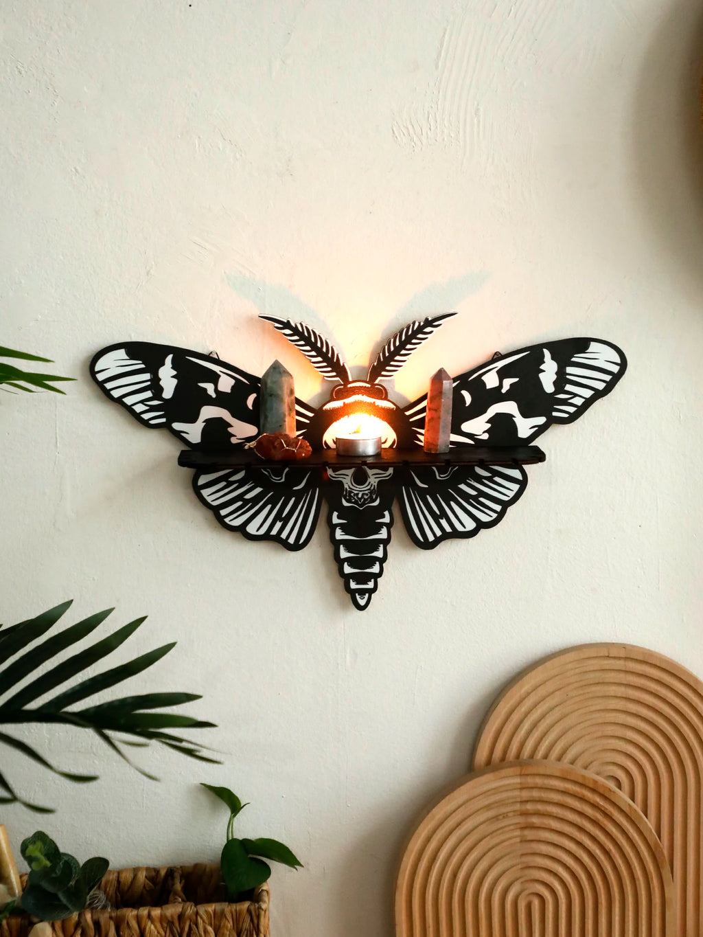 Moth & Butterfly Wall Shelf – Wooden Candle Holder & Crystal Display