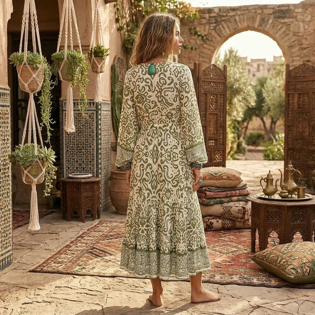 Boho Ethnic Floral Bell-Sleeve Maxi Dress