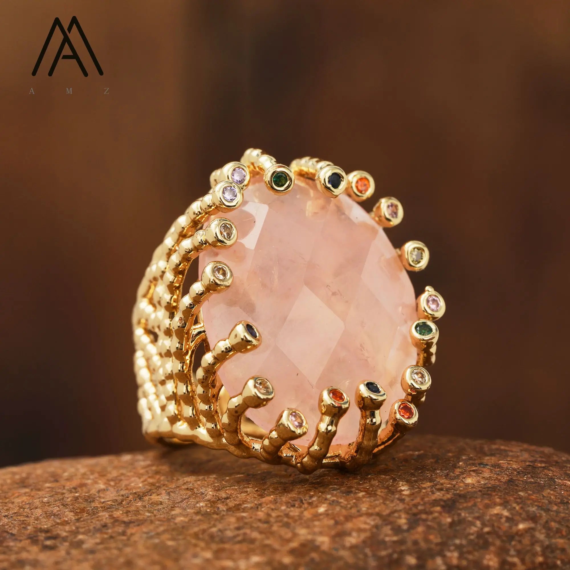 18K Gold-Plated Natural Gemstone Statement Ring – Healing Crystal Jewelry