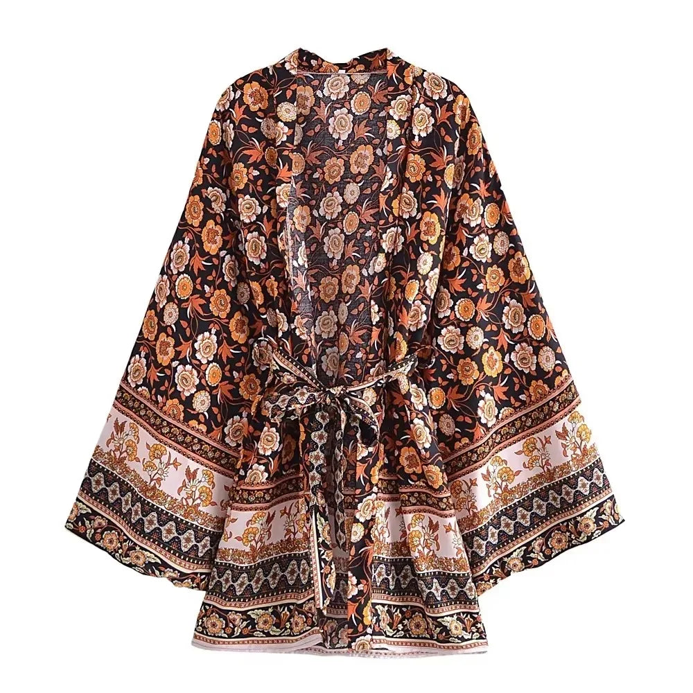 Boho Floral Bat-Sleeve Kimono Dress