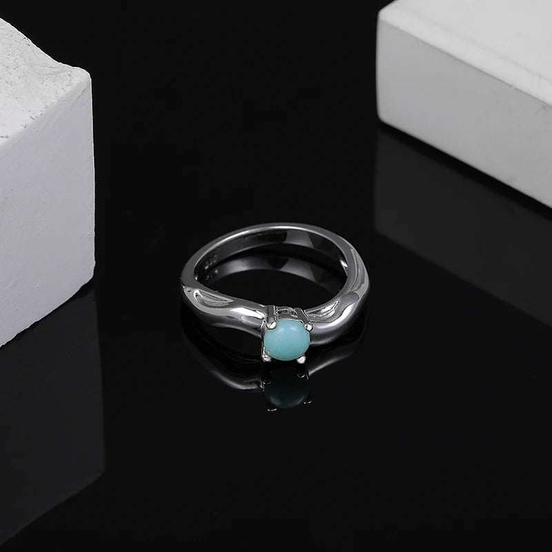 Larimar Molten Band Solitaire Ring in 925 Sterling Silver