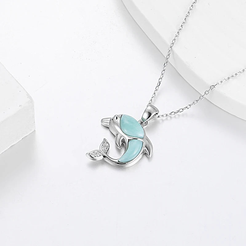 Larimar Dolphin Pendant Necklace, 925 Sterling Silver