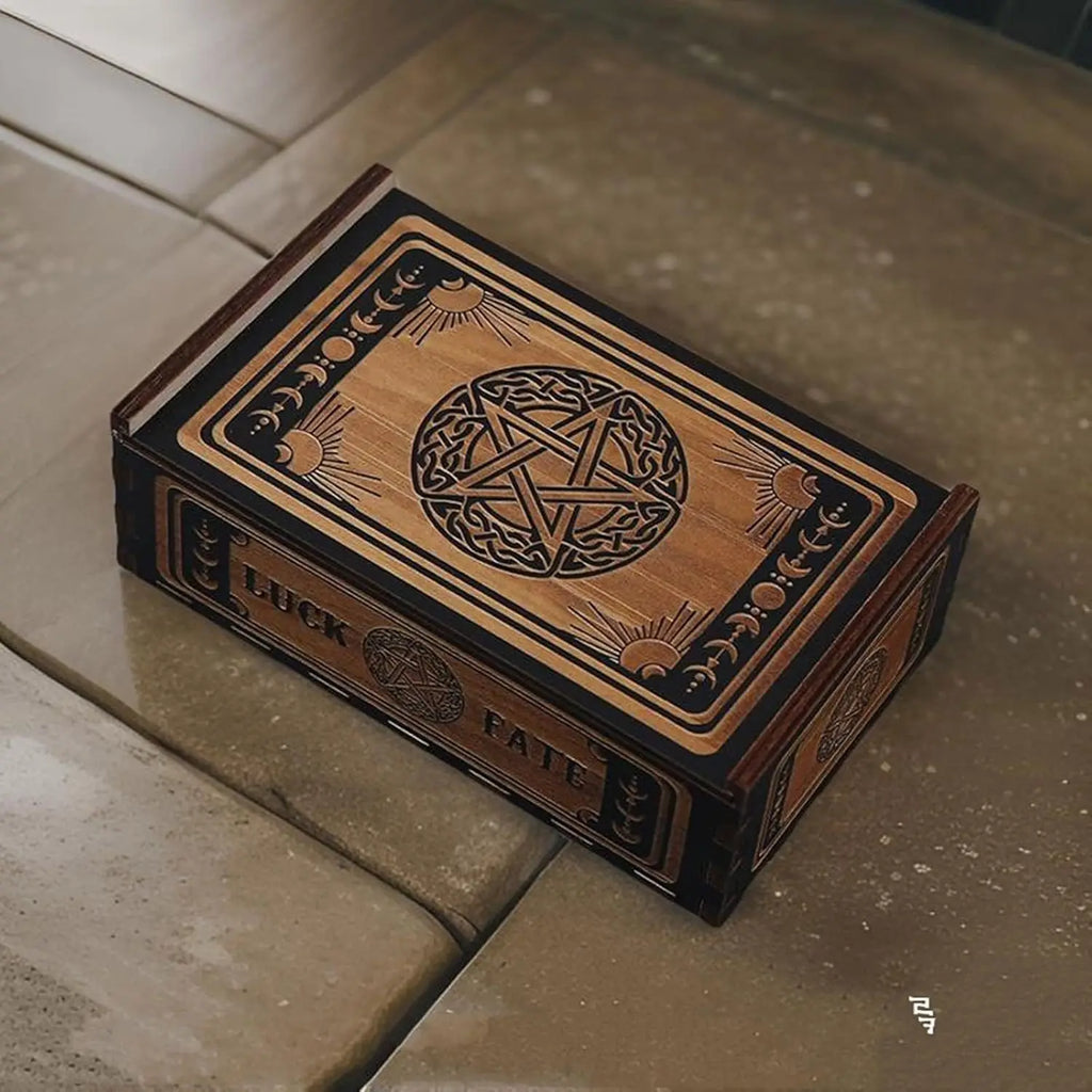 Wooden Tarot Card Storage Box | Engraved Sliding Lid | Choose Your Design