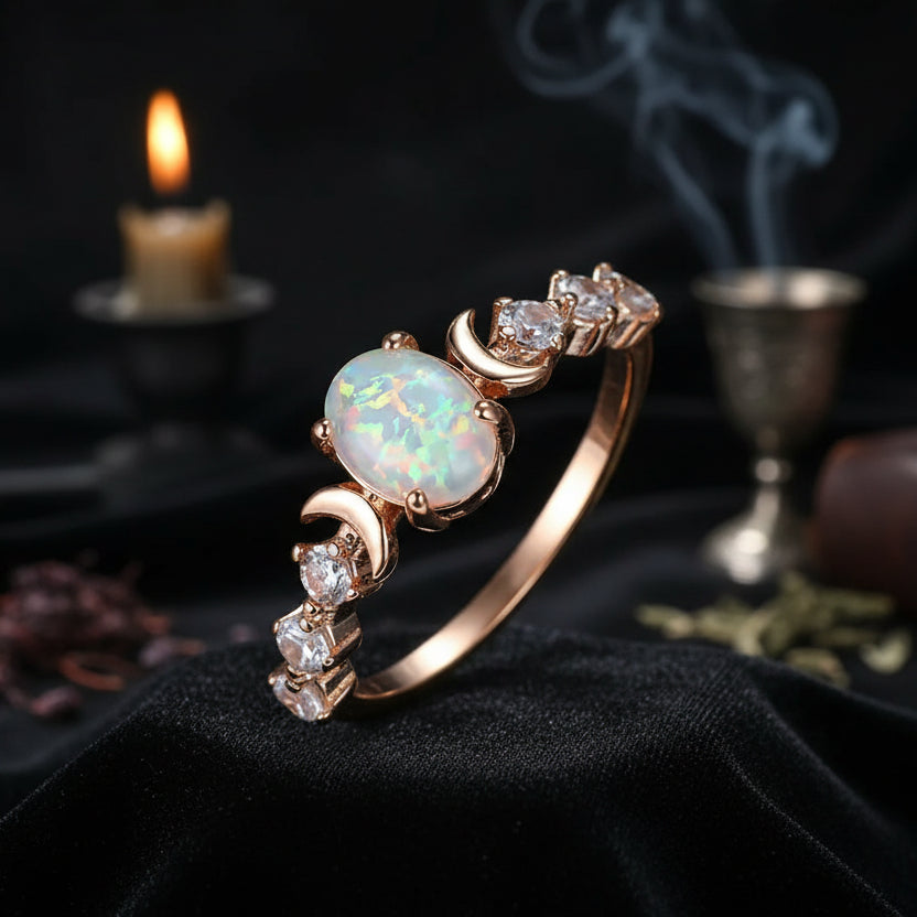 Rainbow White Fire Opal Moon Ring