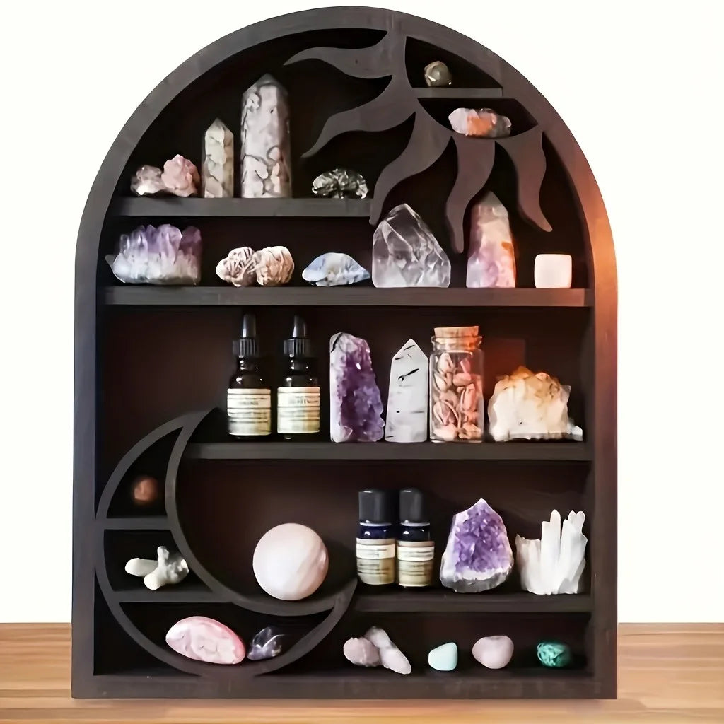 Sun & Moon Crystal Display Shelf – Wooden Wall Hanging Organizer