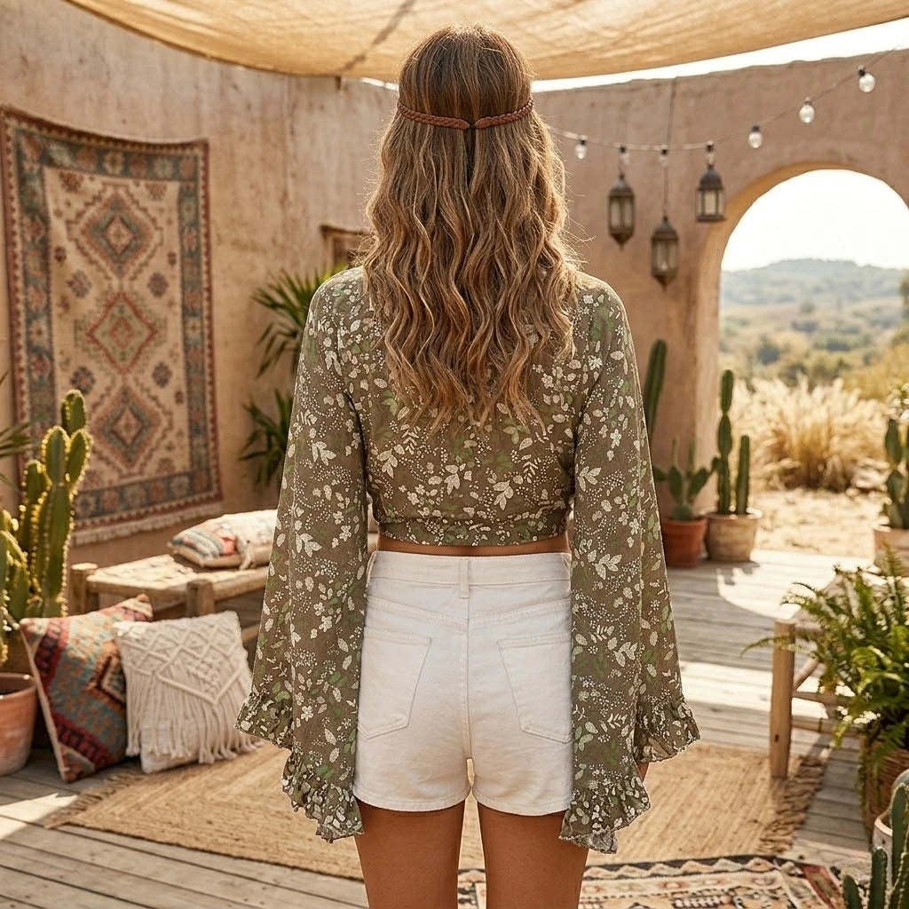 Flare Sleeve Tie-Front Boho Kimono Top