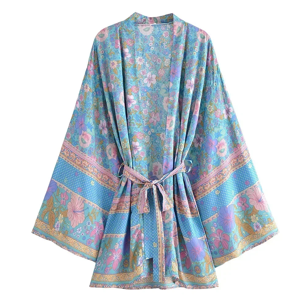 Boho Pastel Fantasy Floral Short Kimono Robe