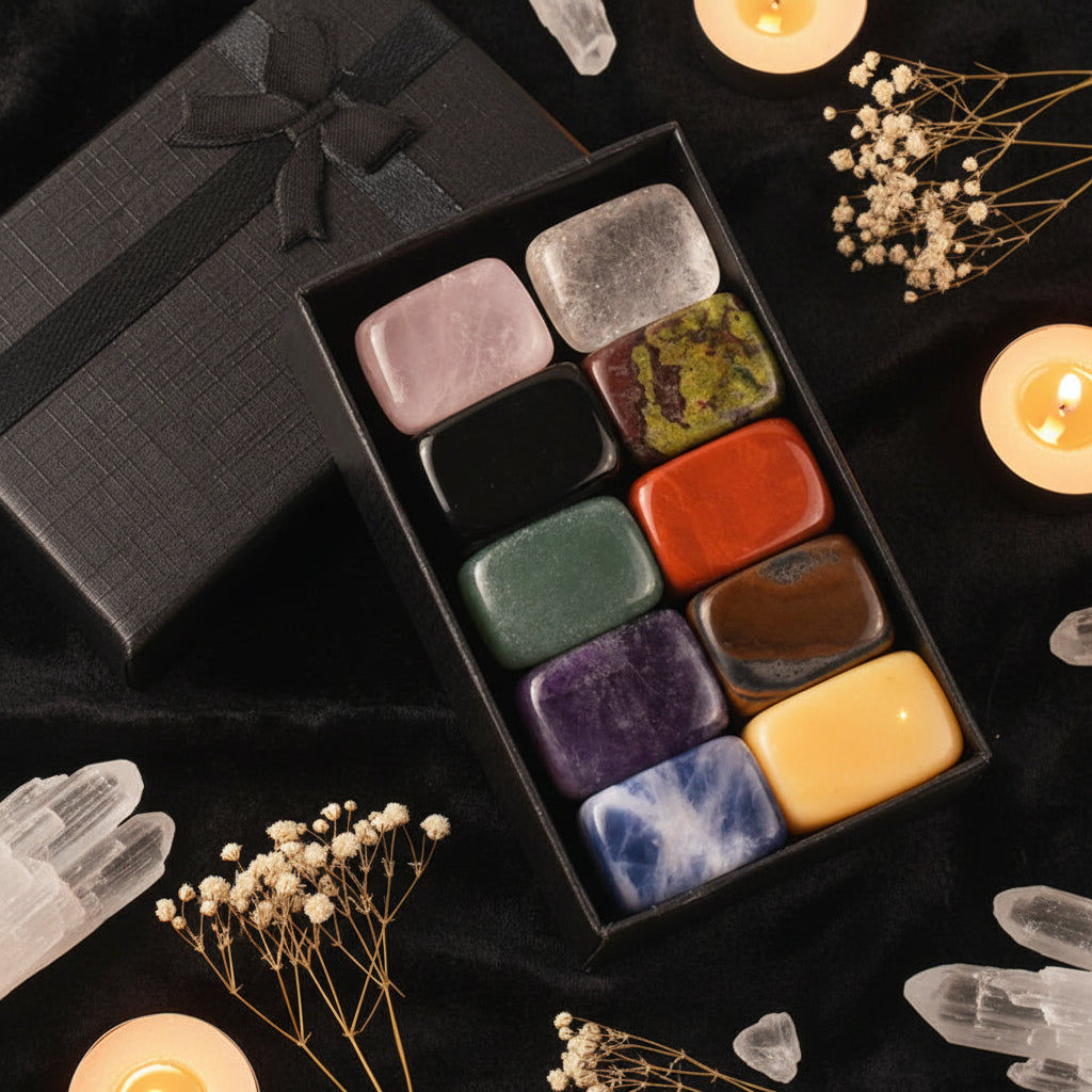 10-Piece Tumbled Crystal Healing Stone Set | Chakra Reiki Gemstones in Gift Box
