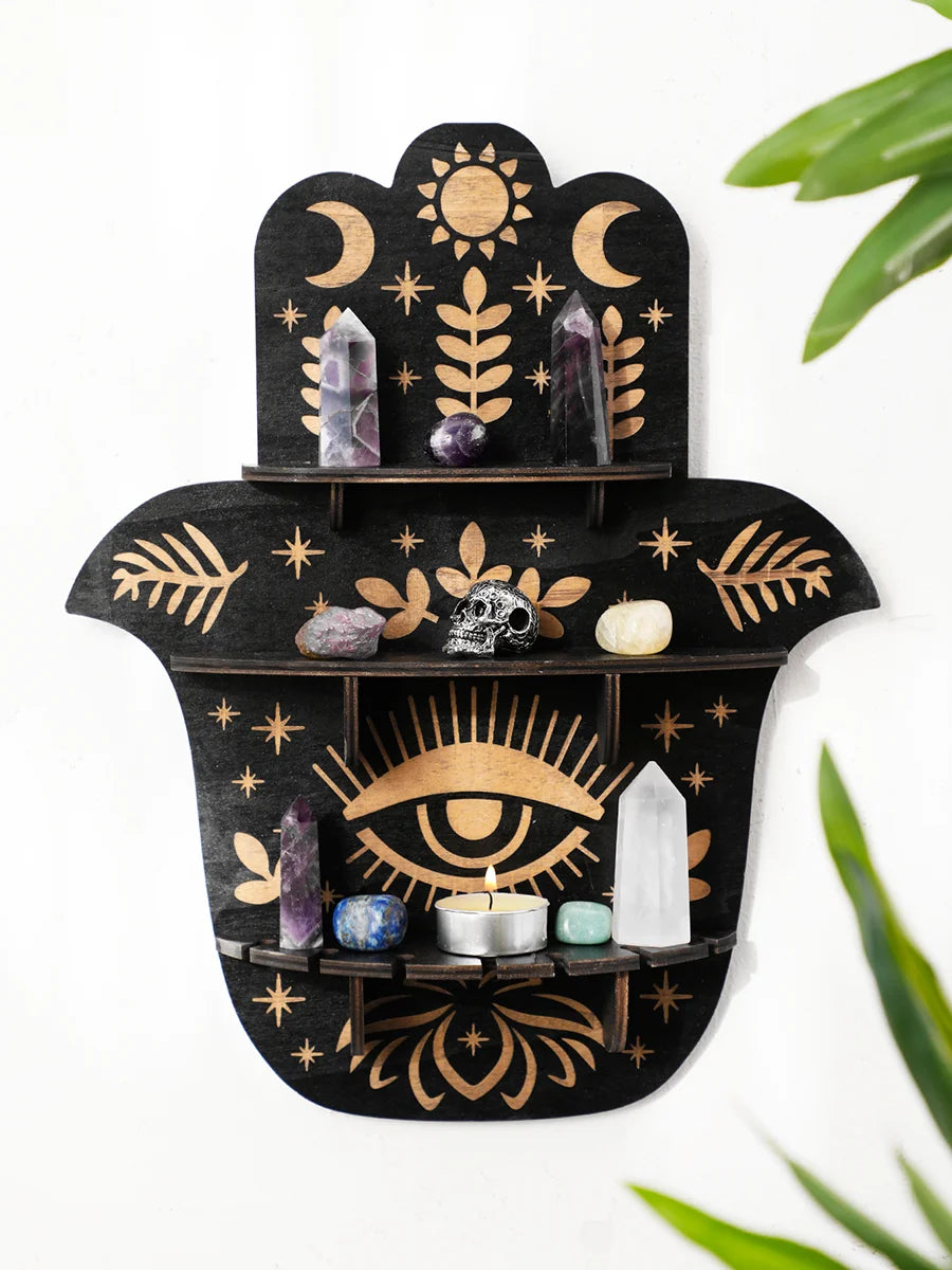 Hamsa Hand Crystal Wall Shelf – Evil Eye Wooden Display