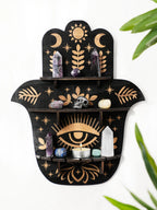 Hamsa Hand Crystal Wall Shelf – Evil Eye Wooden Display