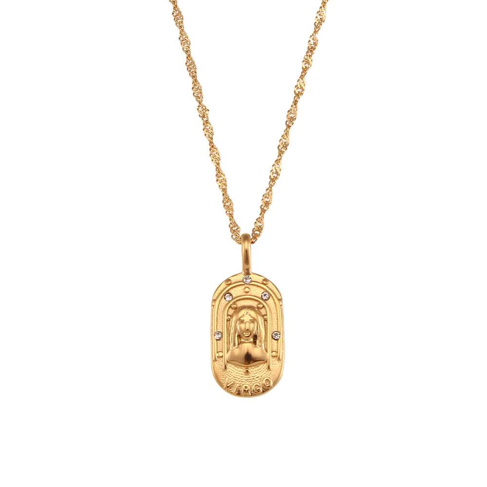Zodiac Tag Pendant Necklace — 18K Gold Embossed Star Sign