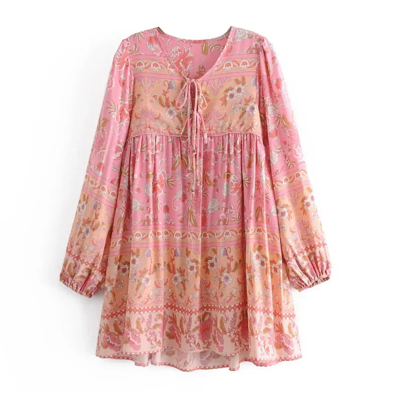 Tassel Tie Floral Lantern Sleeve Mini Dress