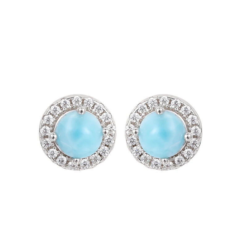 Larimar Flower Halo Earrings & Pendant Necklace Set, 925 Sterling Silver