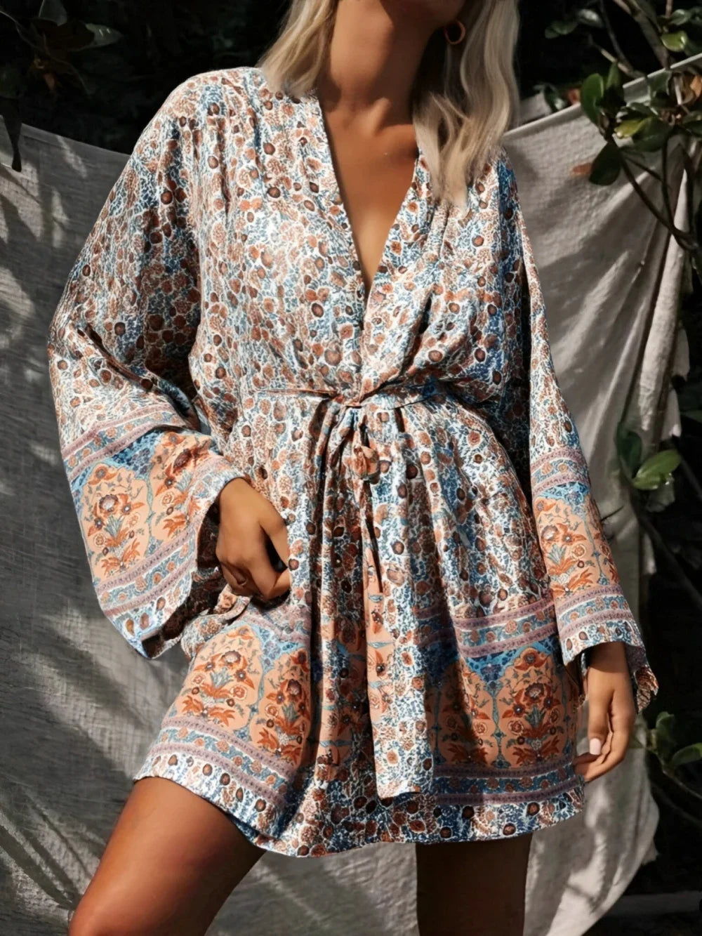 Floral Boho Kimono Robe with Batwing Sleeves