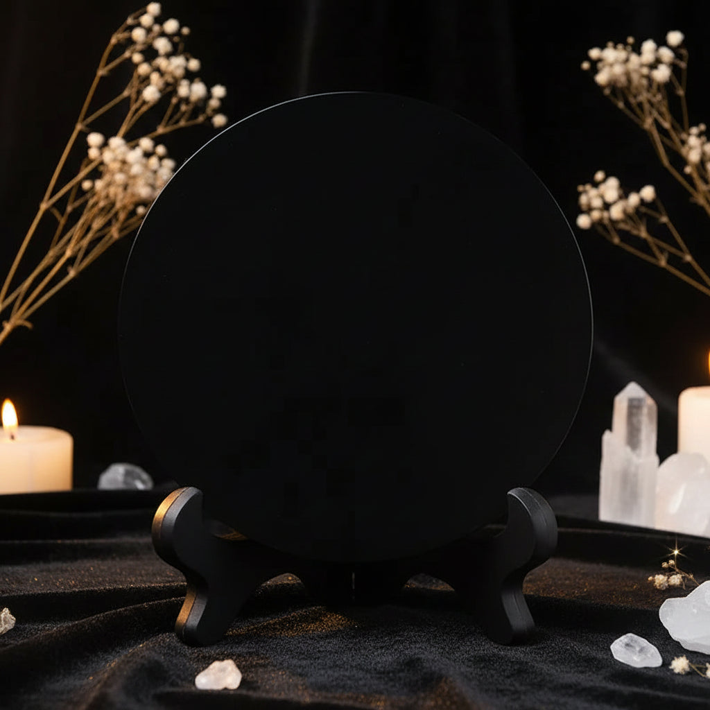 Black Obsidian Divination Mirror — 15cm Round Scrying Mirror with Stand