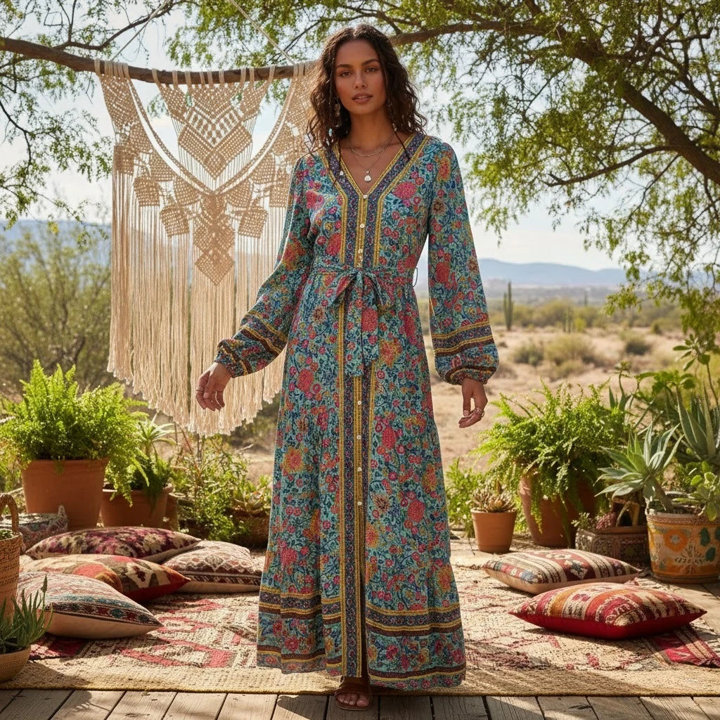 Floral Print Boho Maxi Dress – Long Sleeve Button Front