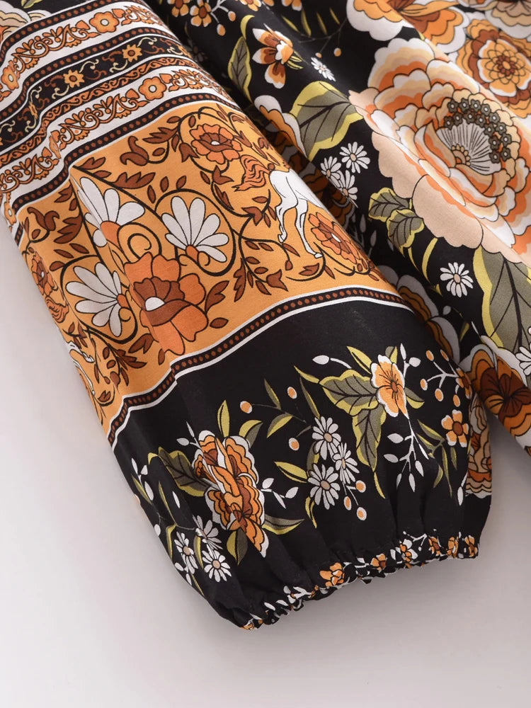 Ethnic Floral Print Tie-Neck Long Sleeve Boho Maxi Dress