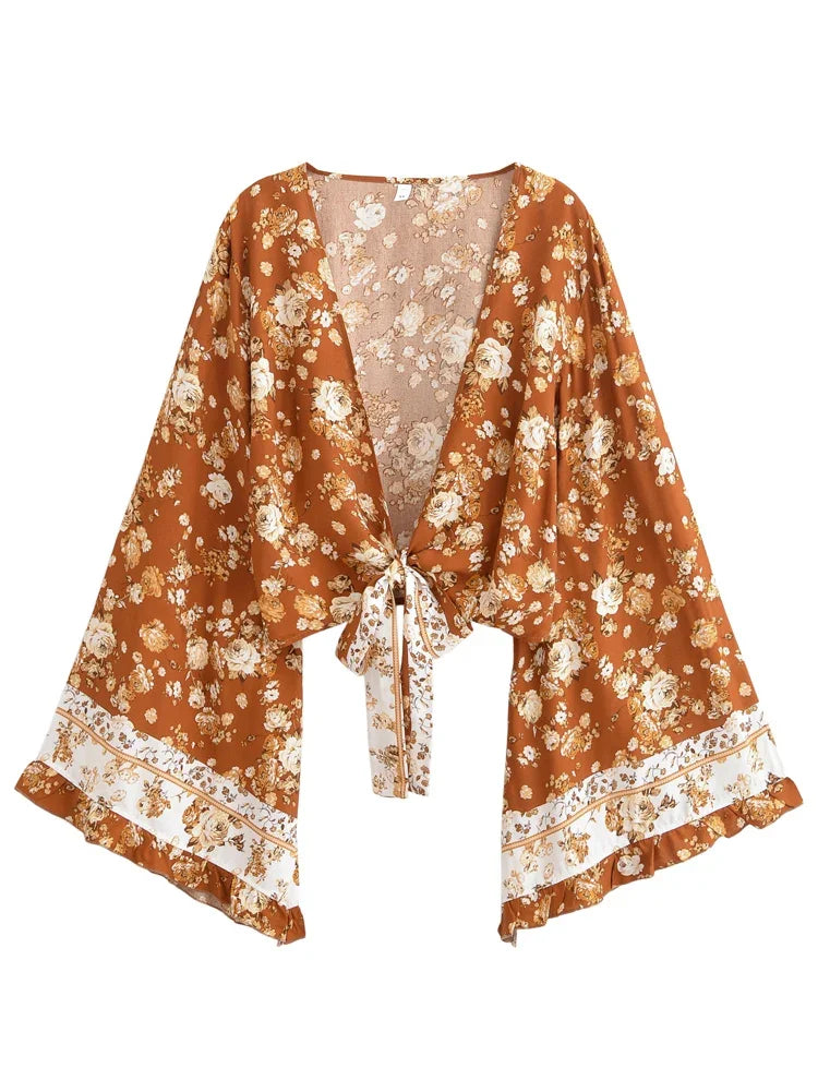 Floral Rayon Ruffle-Sleeve Boho Kimono