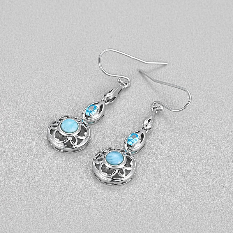 Larimar Filigree Medallion Drop Earrings, 925 Sterling Silver