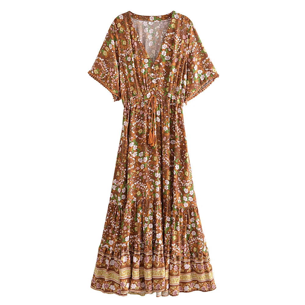 Floral Print Batwing Sleeve Boho Maxi Dress with Tassel