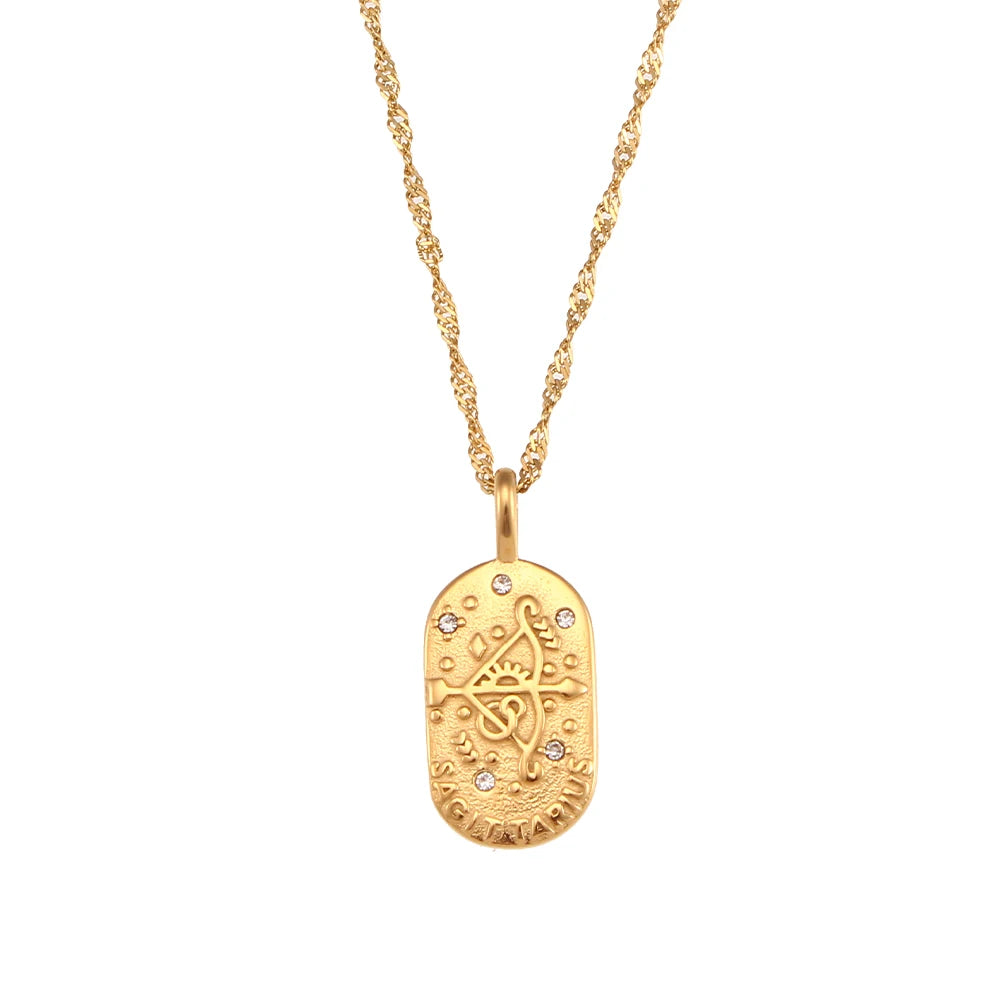 Zodiac Tag Pendant Necklace — 18K Gold Embossed Star Sign