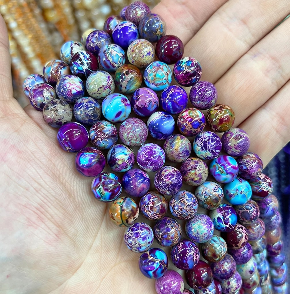 Purple & Blue Patterned Stone Beads — Natural Mixed Color Strand for Jewelry Making