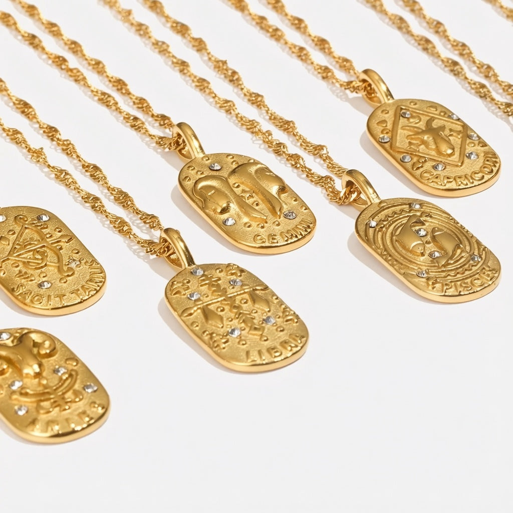 Zodiac Tag Pendant Necklace — 18K Gold Embossed Star Sign