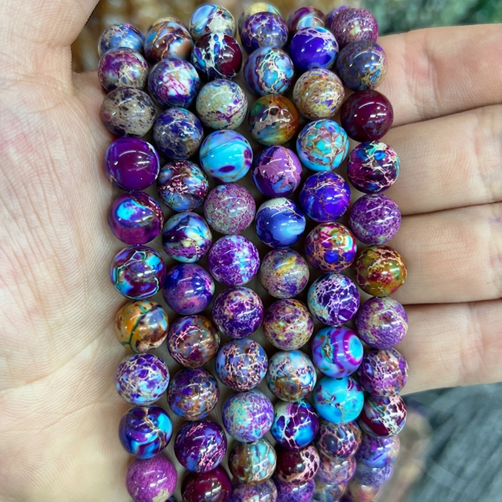 Purple & Blue Patterned Stone Beads — Natural Mixed Color Strand for Jewelry Making